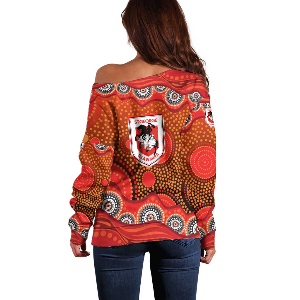 St. George Illawarra Dragons Off Shoulder Sweater Aboriginal Dot Pattern - Rugby Mascot Heritage Pride