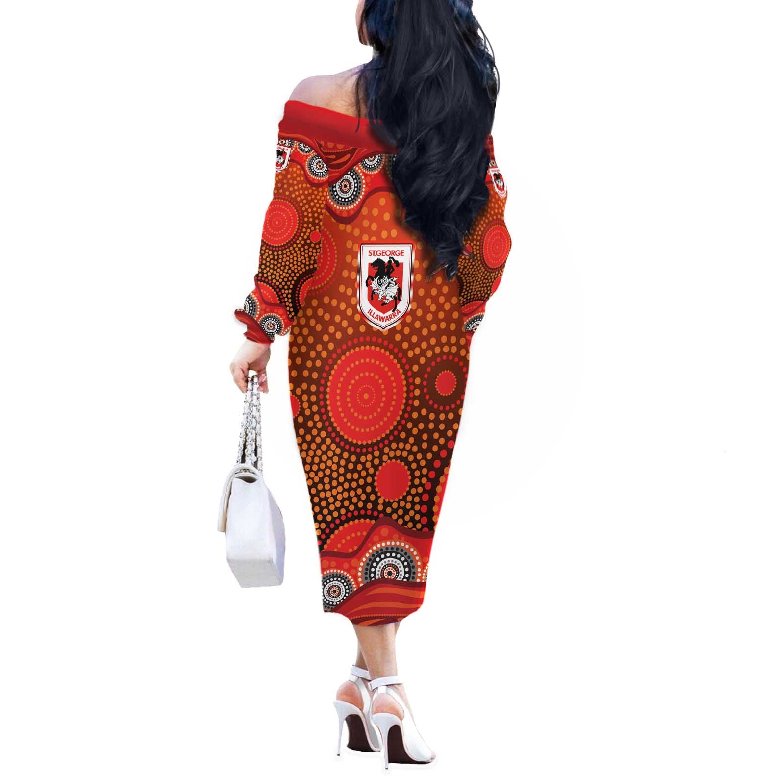 St. George Illawarra Dragons Off The Shoulder Long Sleeve Dress Aboriginal Dot Pattern - Rugby Mascot Heritage Pride