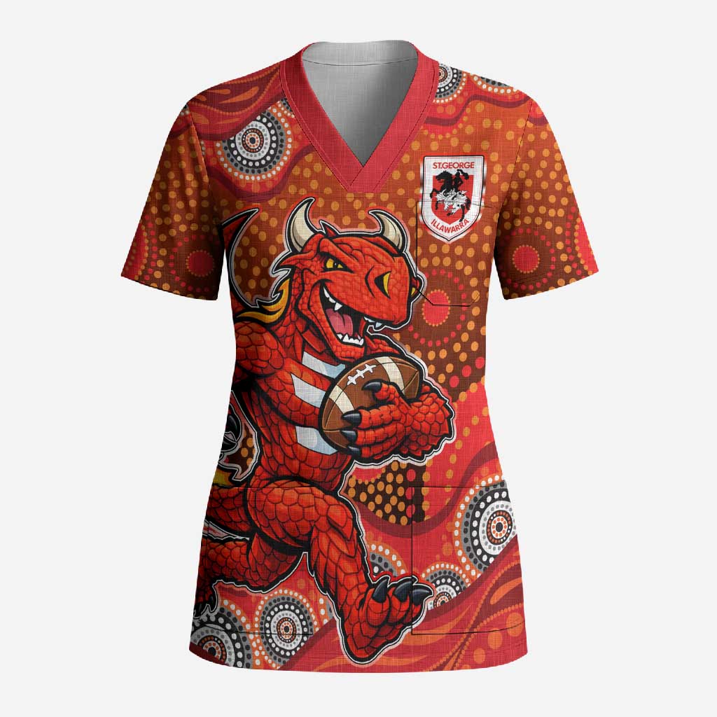 St. George Illawarra Dragons Scrub Top Aboriginal Dot Pattern - Rugby Mascot Heritage Pride