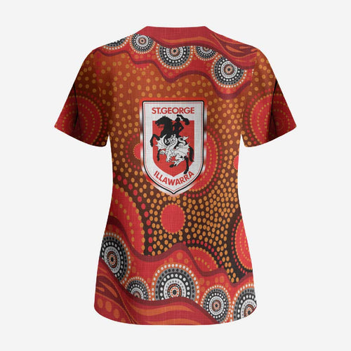 St. George Illawarra Dragons Scrub Top Aboriginal Dot Pattern - Rugby Mascot Heritage Pride