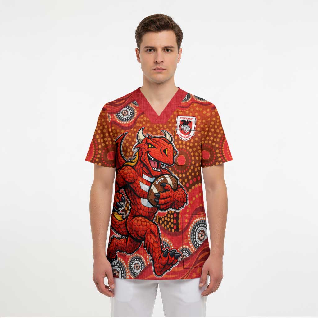 St. George Illawarra Dragons Scrub Top Aboriginal Dot Pattern - Rugby Mascot Heritage Pride