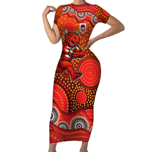 St. George Illawarra Dragons Short Sleeve Bodycon Dress Aboriginal Dot Pattern - Rugby Mascot Heritage Pride