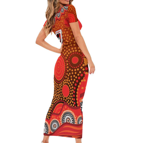 St. George Illawarra Dragons Short Sleeve Bodycon Dress Aboriginal Dot Pattern - Rugby Mascot Heritage Pride