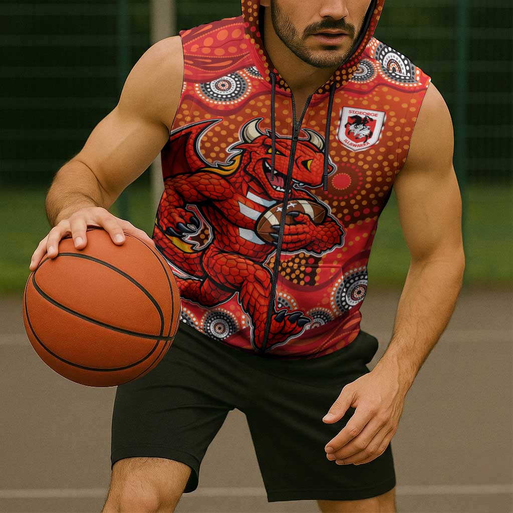 St. George Illawarra Dragons Sleeveless Zip Hoodie Aboriginal Dot Pattern - Rugby Mascot Heritage Pride
