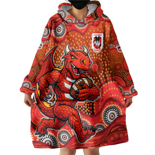 St. George Illawarra Dragons Wearable Blanket Hoodie Aboriginal Dot Pattern - Rugby Mascot Heritage Pride