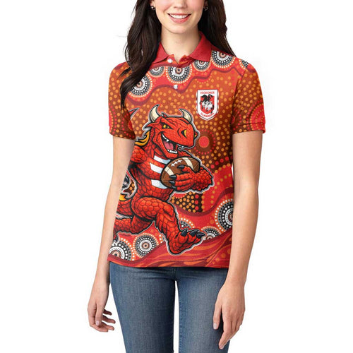 St. George Illawarra Dragons Women Polo Shirt Aboriginal Dot Pattern - Rugby Mascot Heritage Pride