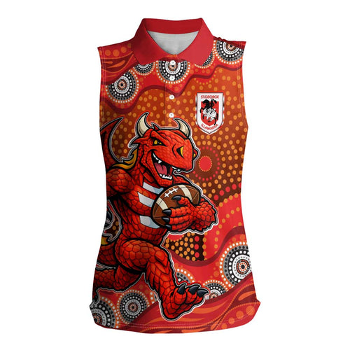 St. George Illawarra Dragons Women Sleeveless Polo Shirt Aboriginal Dot Pattern - Rugby Mascot Heritage Pride
