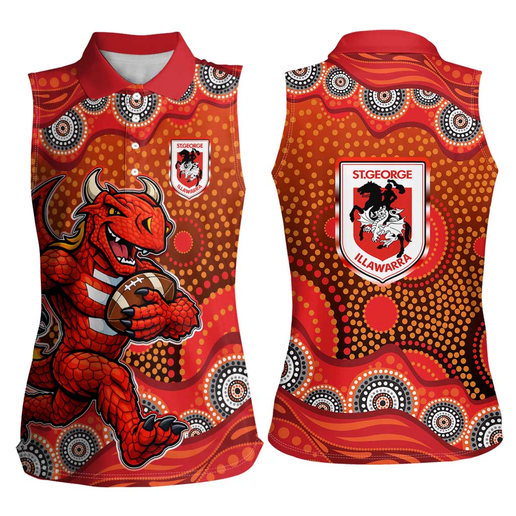 St. George Illawarra Dragons Women Sleeveless Polo Shirt Aboriginal Dot Pattern - Rugby Mascot Heritage Pride