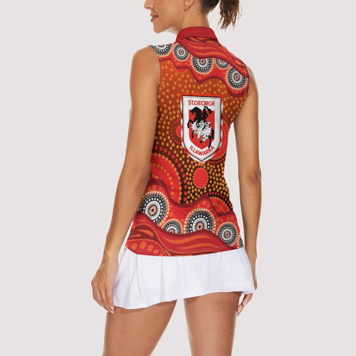 St. George Illawarra Dragons Women Sleeveless Polo Shirt Aboriginal Dot Pattern - Rugby Mascot Heritage Pride