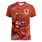 St. George Illawarra Dragons Women V-Neck T-Shirt Aboriginal Dot Pattern - Rugby Mascot Heritage Pride