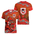 St. George Illawarra Dragons Women V-Neck T-Shirt Aboriginal Dot Pattern - Rugby Mascot Heritage Pride
