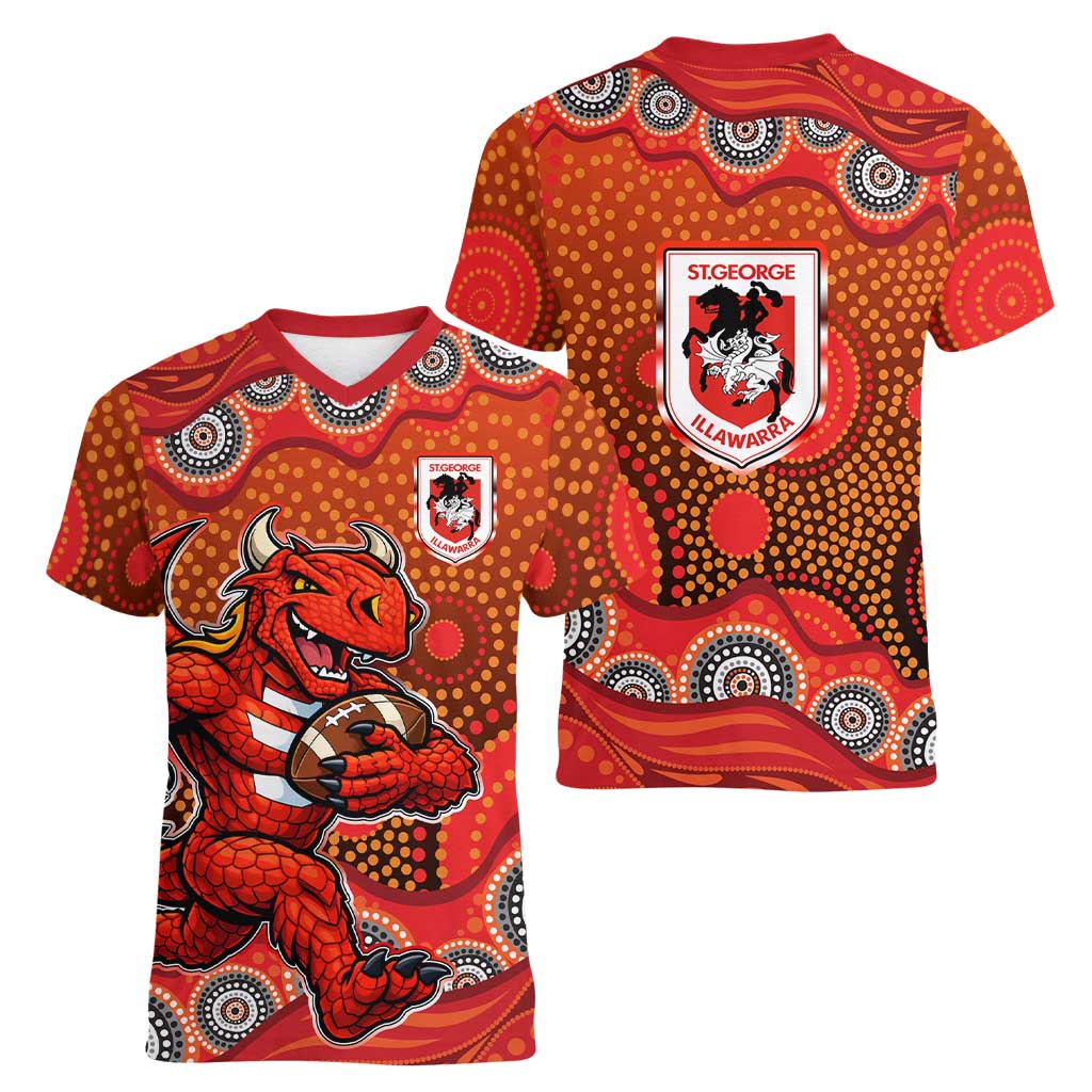 St. George Illawarra Dragons Women V-Neck T-Shirt Aboriginal Dot Pattern - Rugby Mascot Heritage Pride
