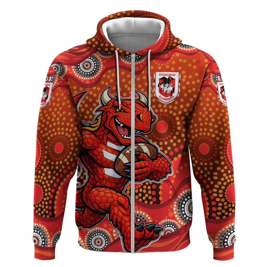 St. George Illawarra Dragons Zip Hoodie Aboriginal Dot Pattern - Rugby Mascot Heritage Pride