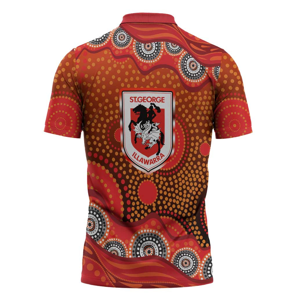 St. George Illawarra Dragons Zipper Polo Shirt Aboriginal Dot Pattern - Rugby Mascot Heritage Pride