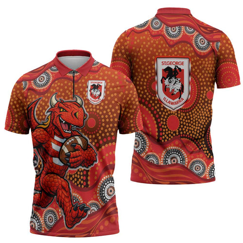St. George Illawarra Dragons Zipper Polo Shirt Aboriginal Dot Pattern - Rugby Mascot Heritage Pride