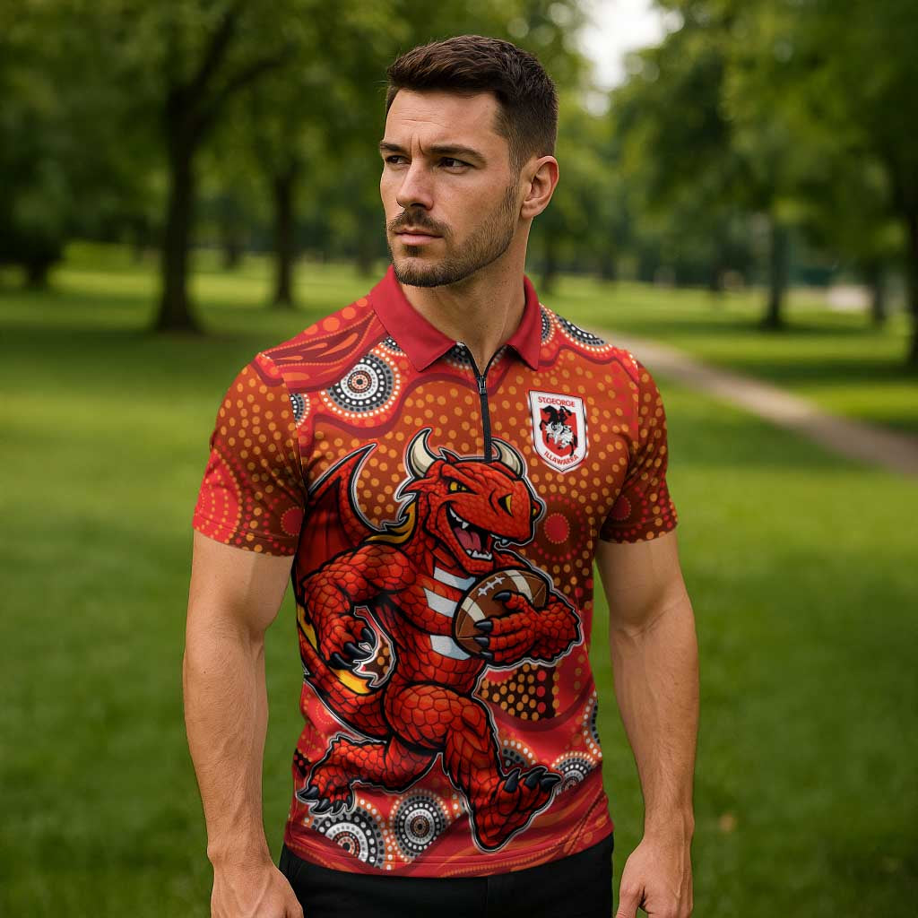 St. George Illawarra Dragons Zipper Polo Shirt Aboriginal Dot Pattern - Rugby Mascot Heritage Pride