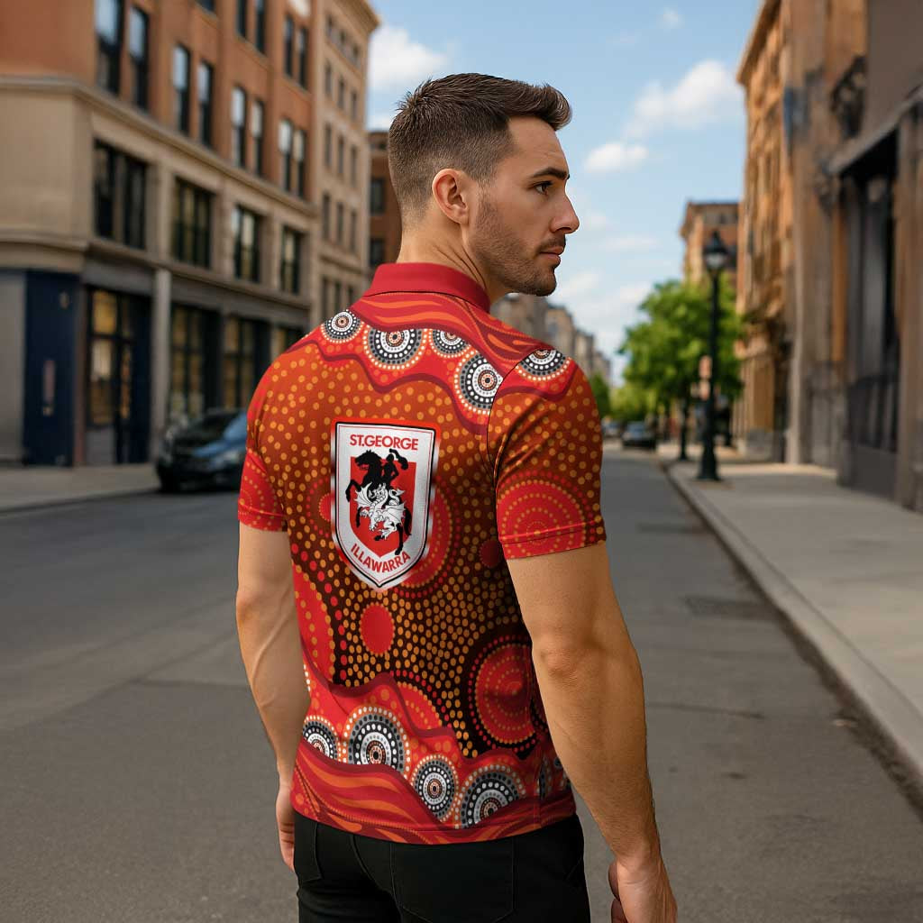 St. George Illawarra Dragons Zipper Polo Shirt Aboriginal Dot Pattern - Rugby Mascot Heritage Pride