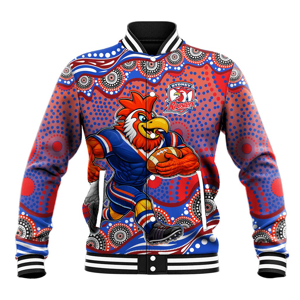Sydney Roosters Baseball Jacket Aboriginal Dot Pattern - Rugby Mascot Heritage Pride