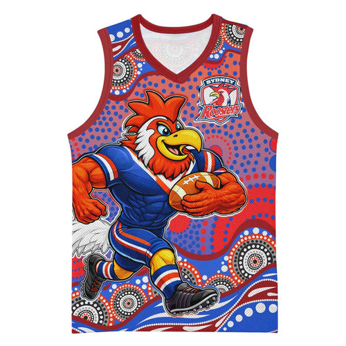 Sydney Roosters Basketball Jersey Aboriginal Dot Pattern - Rugby Mascot Heritage Pride