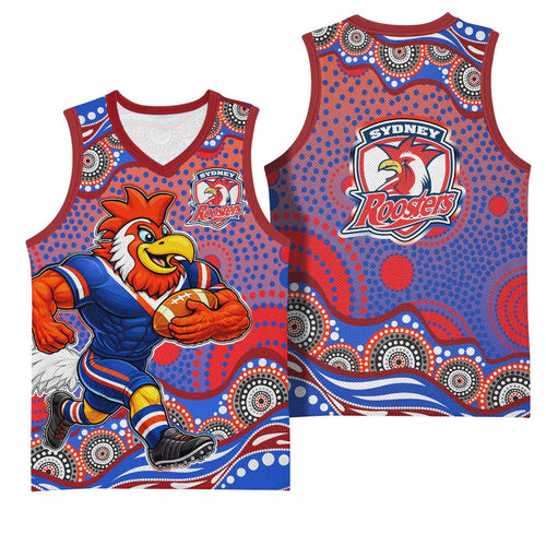 Sydney Roosters Basketball Jersey Aboriginal Dot Pattern - Rugby Mascot Heritage Pride