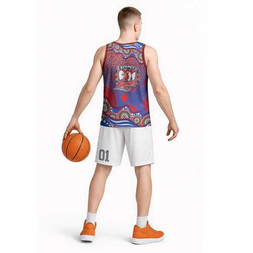 Sydney Roosters Basketball Jersey Aboriginal Dot Pattern - Rugby Mascot Heritage Pride