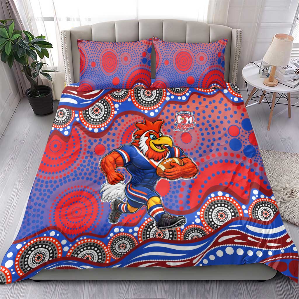 Sydney Roosters Bedding Set Aboriginal Dot Pattern - Rugby Mascot Heritage Pride