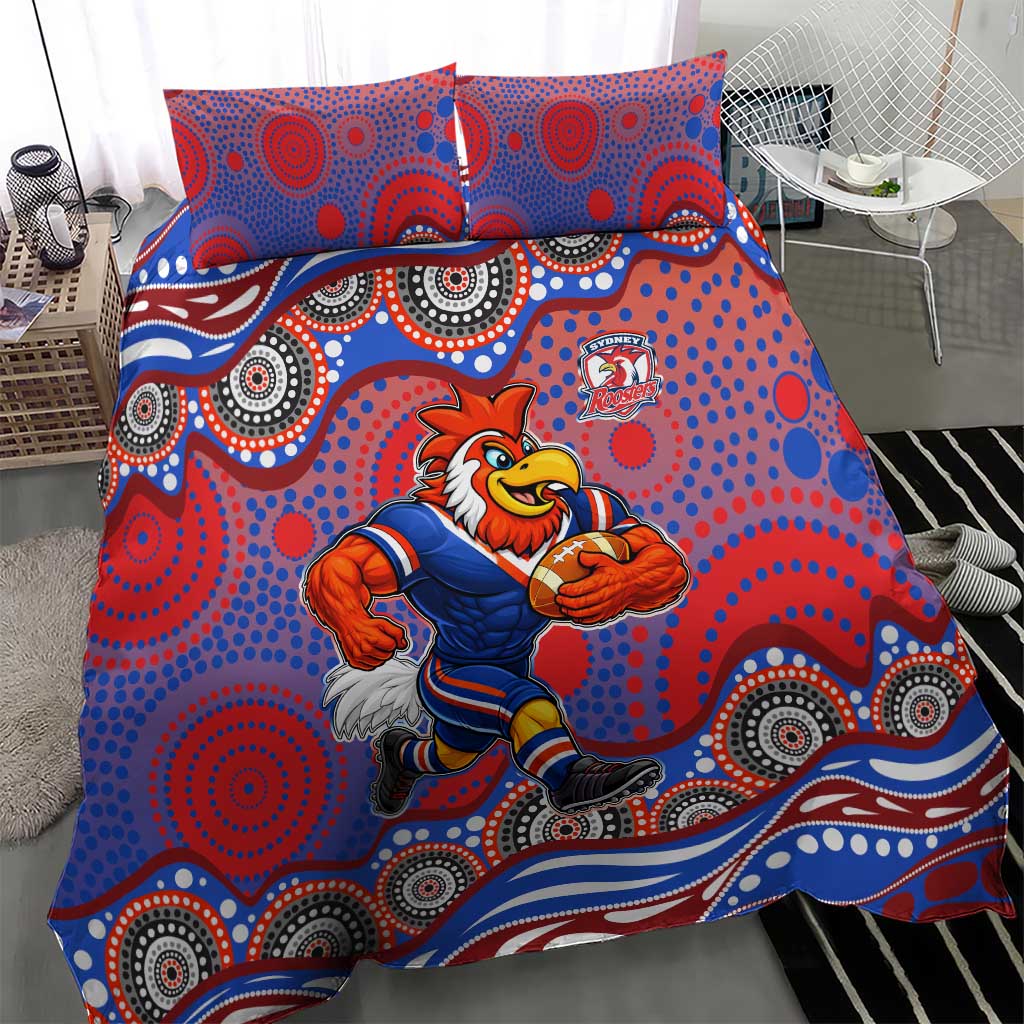 Sydney Roosters Bedding Set Aboriginal Dot Pattern - Rugby Mascot Heritage Pride
