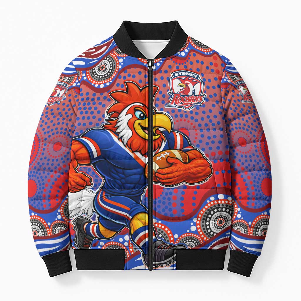 Sydney Roosters Bomber Puffer Jacket Aboriginal Dot Pattern - Rugby Mascot Heritage Pride