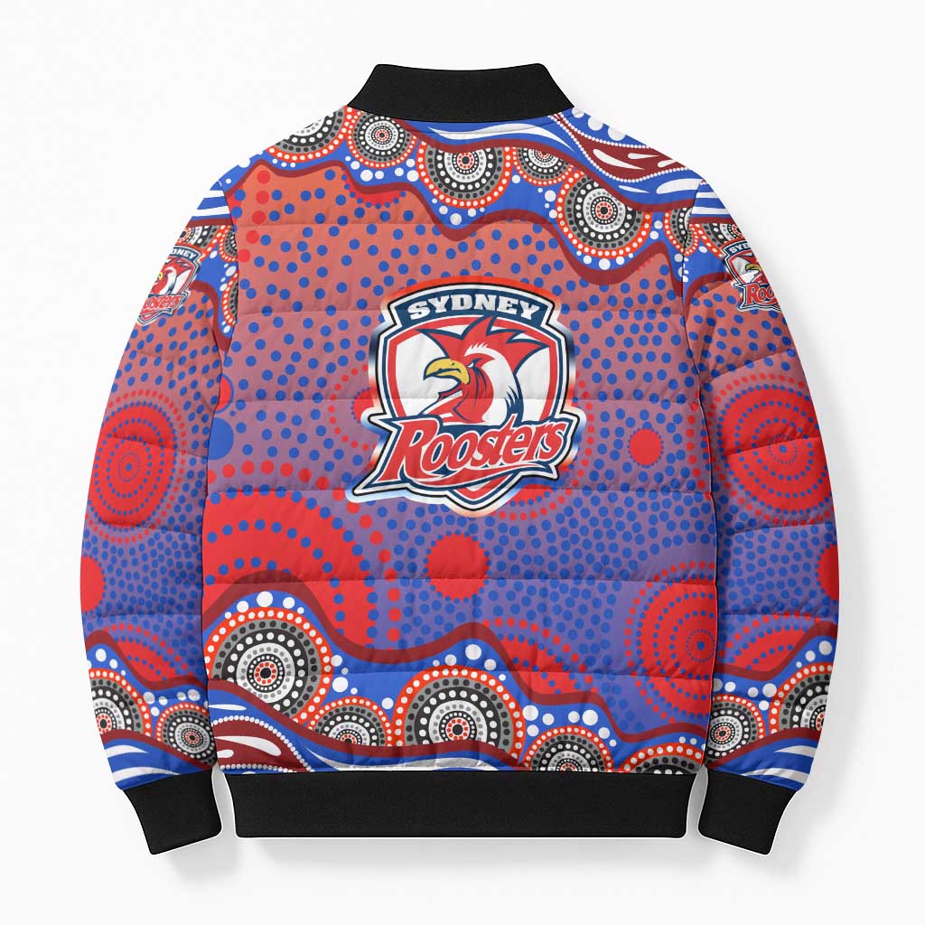 Sydney Roosters Bomber Puffer Jacket Aboriginal Dot Pattern - Rugby Mascot Heritage Pride