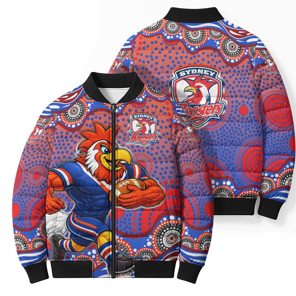Sydney Roosters Bomber Puffer Jacket Aboriginal Dot Pattern - Rugby Mascot Heritage Pride