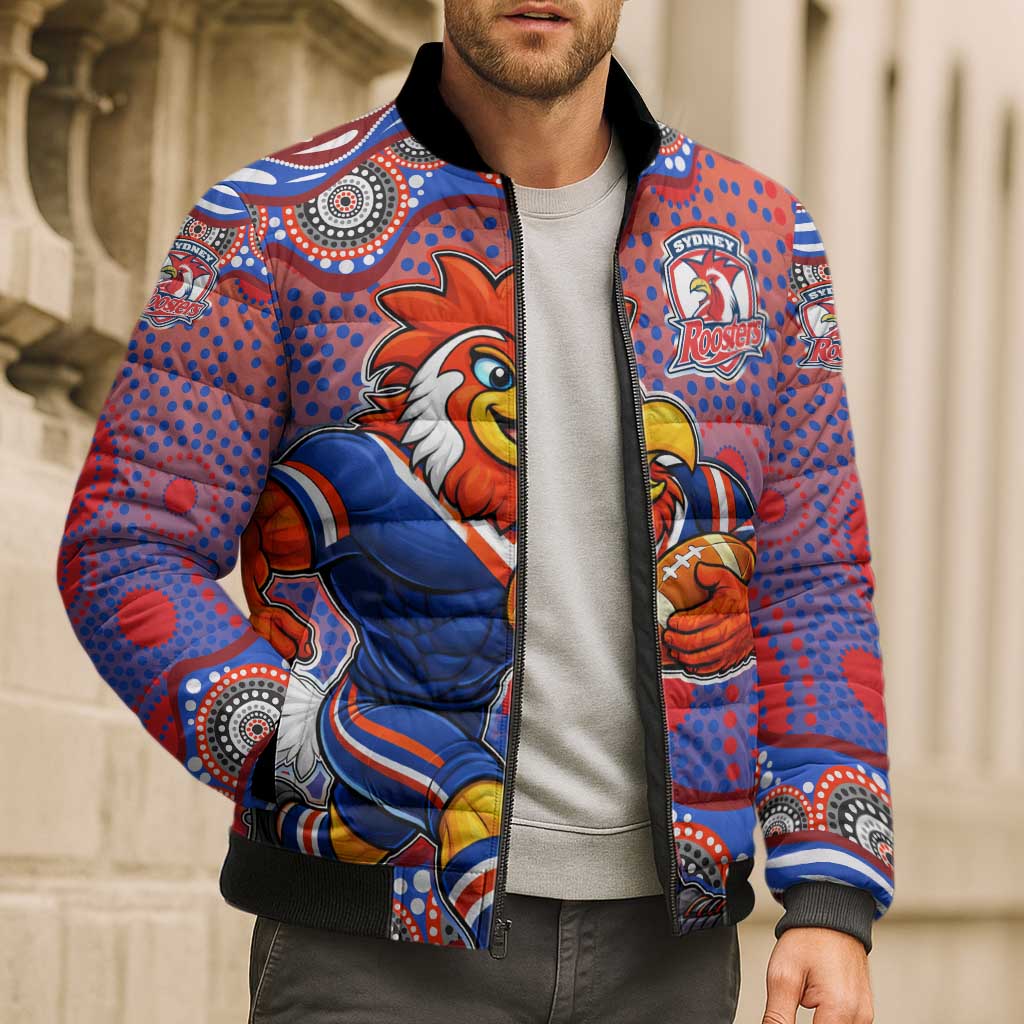 Sydney Roosters Bomber Puffer Jacket Aboriginal Dot Pattern - Rugby Mascot Heritage Pride