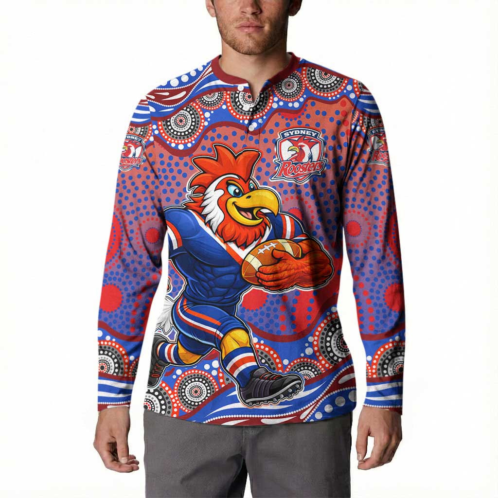 Sydney Roosters Button Sweatshirt Aboriginal Dot Pattern - Rugby Mascot Heritage Pride