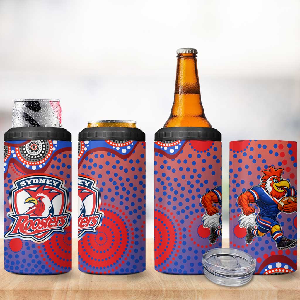 Sydney Roosters 4 in 1 Can Cooler Tumbler Aboriginal Dot Pattern - Rugby Mascot Heritage Pride