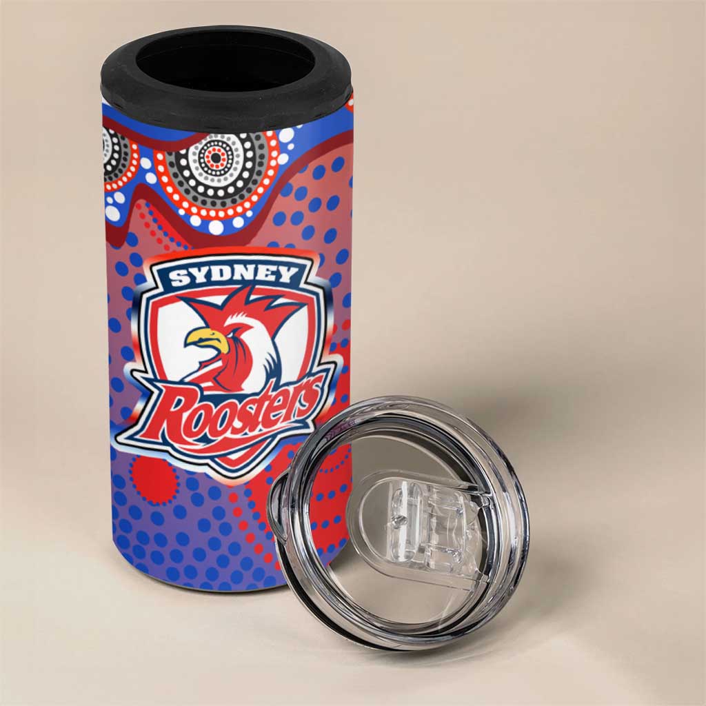 Sydney Roosters 4 in 1 Can Cooler Tumbler Aboriginal Dot Pattern - Rugby Mascot Heritage Pride