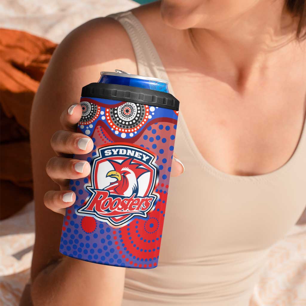 Sydney Roosters 4 in 1 Can Cooler Tumbler Aboriginal Dot Pattern - Rugby Mascot Heritage Pride