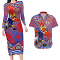 Sydney Roosters Couples Matching Long Sleeve Bodycon Dress and Hawaiian Shirt Aboriginal Dot Pattern - Rugby Mascot Heritage Pride