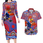 Sydney Roosters Couples Matching Long Sleeve Bodycon Dress and Hawaiian Shirt Aboriginal Dot Pattern - Rugby Mascot Heritage Pride