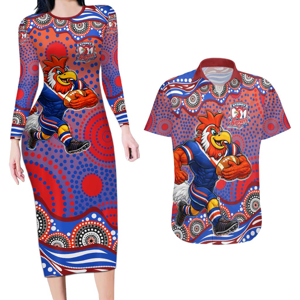 Sydney Roosters Couples Matching Long Sleeve Bodycon Dress and Hawaiian Shirt Aboriginal Dot Pattern - Rugby Mascot Heritage Pride