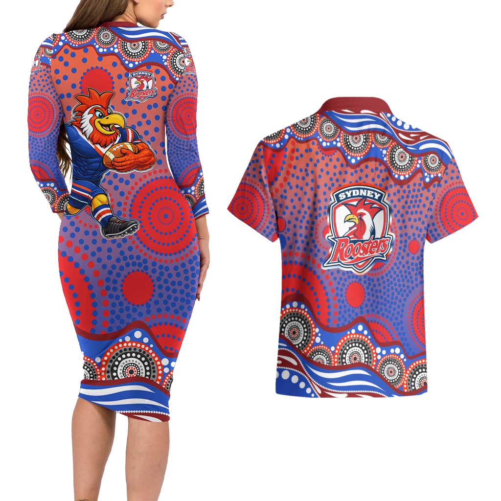 Sydney Roosters Couples Matching Long Sleeve Bodycon Dress and Hawaiian Shirt Aboriginal Dot Pattern - Rugby Mascot Heritage Pride
