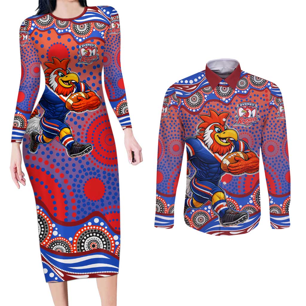Sydney Roosters Couples Matching Long Sleeve Bodycon Dress and Long Sleeve Button Shirt Aboriginal Dot Pattern - Rugby Mascot Heritage Pride