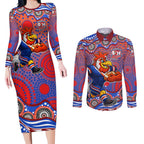 Sydney Roosters Couples Matching Long Sleeve Bodycon Dress and Long Sleeve Button Shirt Aboriginal Dot Pattern - Rugby Mascot Heritage Pride