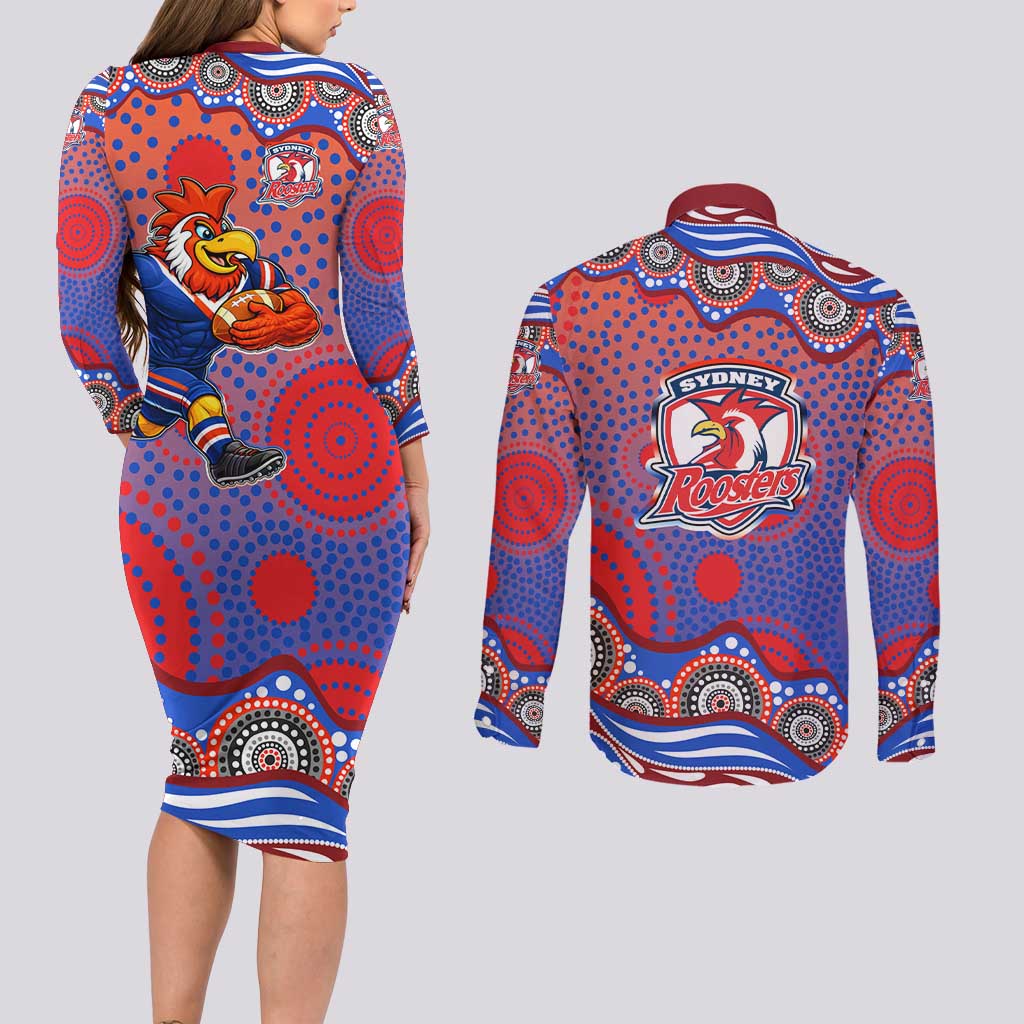 Sydney Roosters Couples Matching Long Sleeve Bodycon Dress and Long Sleeve Button Shirt Aboriginal Dot Pattern - Rugby Mascot Heritage Pride
