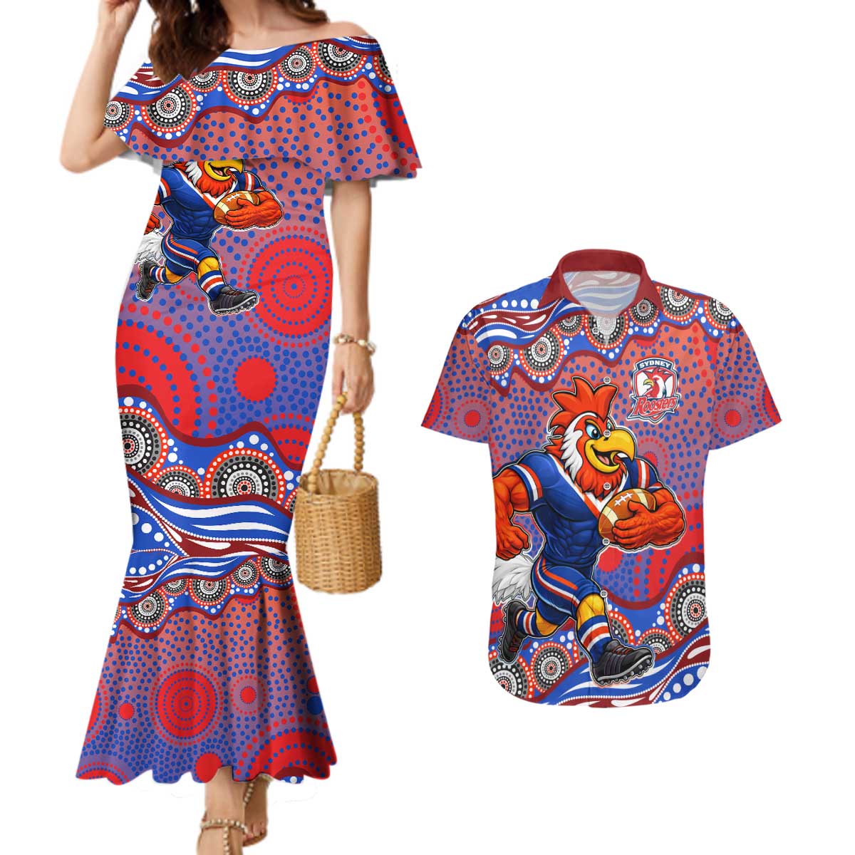 Sydney Roosters Couples Matching Mermaid Dress and Hawaiian Shirt Aboriginal Dot Pattern - Rugby Mascot Heritage Pride