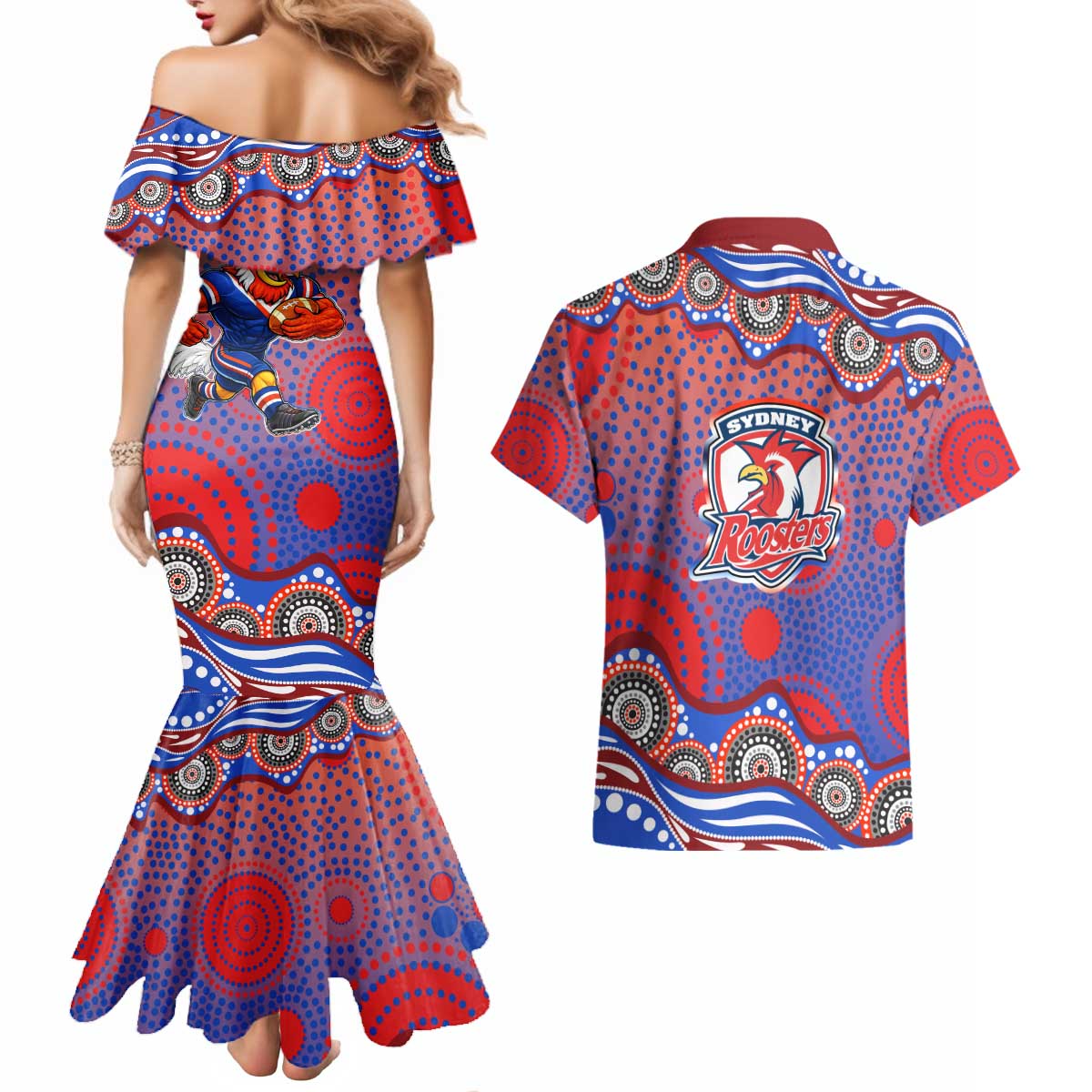 Sydney Roosters Couples Matching Mermaid Dress and Hawaiian Shirt Aboriginal Dot Pattern - Rugby Mascot Heritage Pride