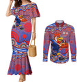 Sydney Roosters Couples Matching Mermaid Dress and Long Sleeve Button Shirt Aboriginal Dot Pattern - Rugby Mascot Heritage Pride