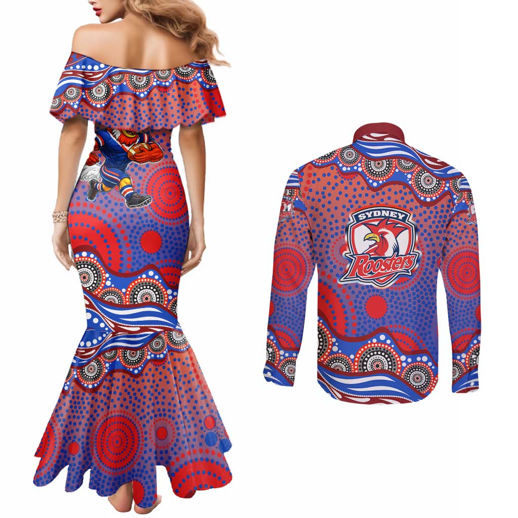 Sydney Roosters Couples Matching Mermaid Dress and Long Sleeve Button Shirt Aboriginal Dot Pattern - Rugby Mascot Heritage Pride