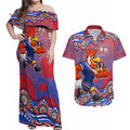 Sydney Roosters Couples Matching Off Shoulder Maxi Dress and Hawaiian Shirt Aboriginal Dot Pattern - Rugby Mascot Heritage Pride