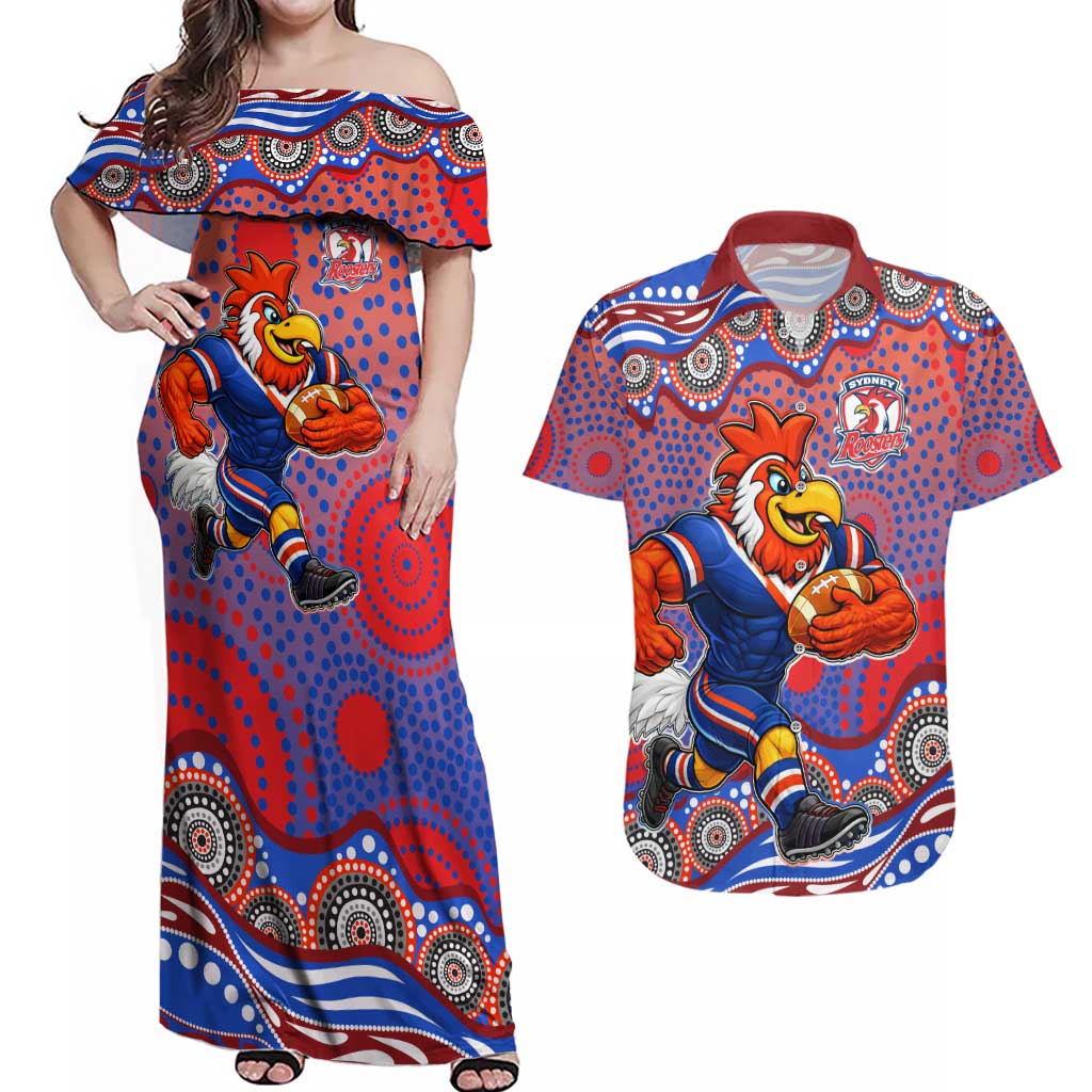 Sydney Roosters Couples Matching Off Shoulder Maxi Dress and Hawaiian Shirt Aboriginal Dot Pattern - Rugby Mascot Heritage Pride