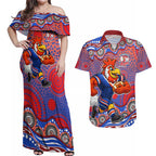 Sydney Roosters Couples Matching Off Shoulder Maxi Dress and Hawaiian Shirt Aboriginal Dot Pattern - Rugby Mascot Heritage Pride