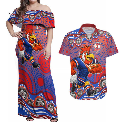 Sydney Roosters Couples Matching Off Shoulder Maxi Dress and Hawaiian Shirt Aboriginal Dot Pattern - Rugby Mascot Heritage Pride